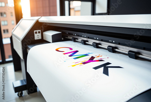 Large printing machine for paper business in printing room. Sublimation concept. Theme: Clear foreground, blurred background, CMYK print.