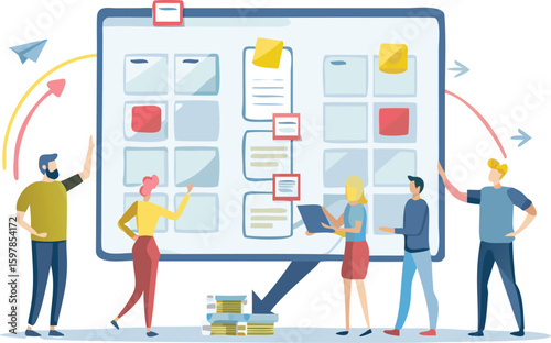 Team members collaborating on a large task board with sticky notes and paper airplane illustration