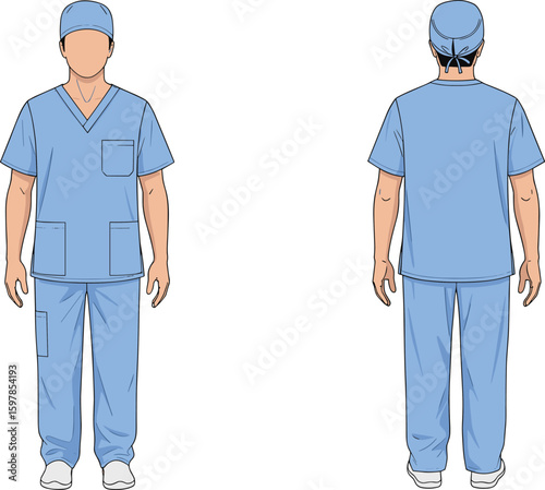 Front and back view of male medical scrub uniform with cap, short sleeves, flat style, cad drawing flat vector illustration