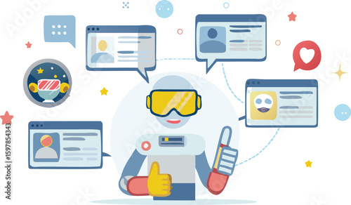 Illustration of a robot wearing vr goggles surrounded by profile windows and speech bubbles with thumbs up