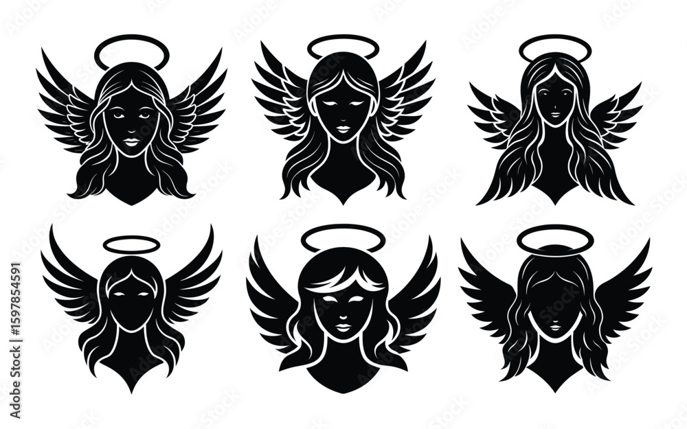 Obraz premium Vector art of set of angelic figures with wings and halos
