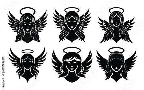 Vector art of set of angelic figures with wings and halos