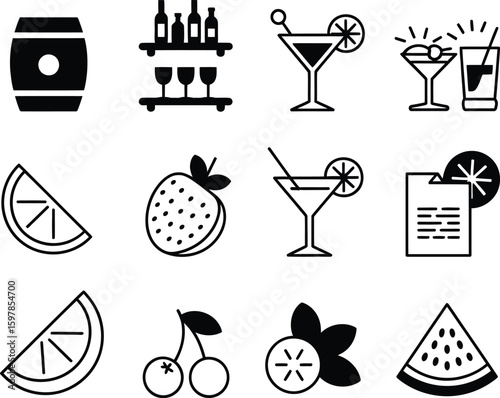 Collection of hand drawn cocktail and bar icons for drinks and refreshments
