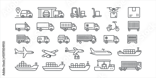 Collection of outline icons representing various modes of transportation and logistics delivery shipping