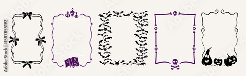 Set of hand drawn doodle Halloween frames. Coquette ribbon bows, bats border, witch potions, bones and skulls. Spooky vector graphic decoration for greeting cards, party invitations, posters.