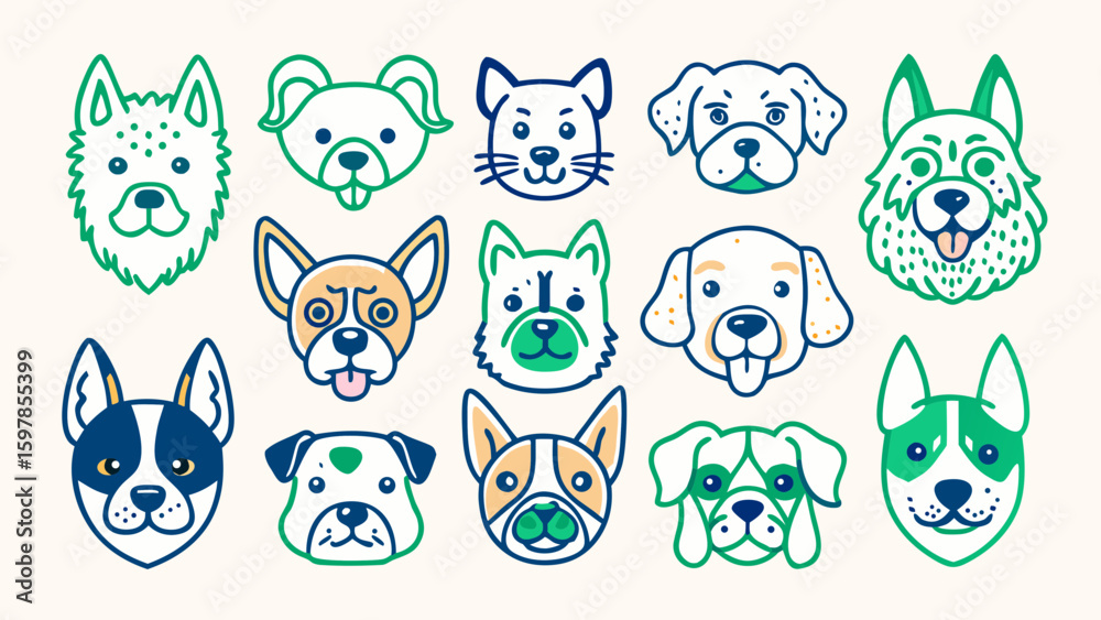 Fototapeta premium Funny Dog Animal Head Icon Cartoon Set - Quirky Colorful Flat Illustration Style
