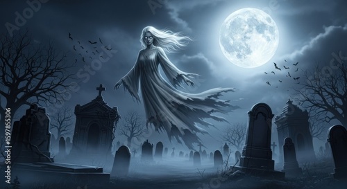 Ghostly woman wearing white dress floats near tombstones in graveyard. Bats fly near bright full moon at night. Fog surrounds the area, creating an eerie and unsettling mood