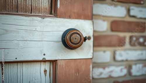 Rusty door knob on weathered wooden door, brick wall backdrop,  brick wall,  surface