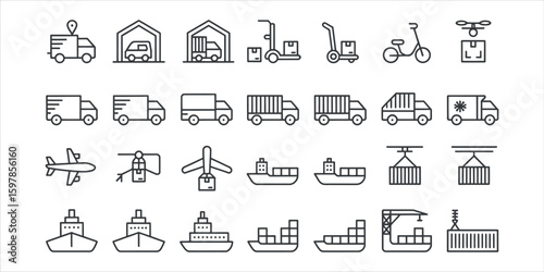Collection of thin line icons representing various modes of transportation and logistics delivery shipping