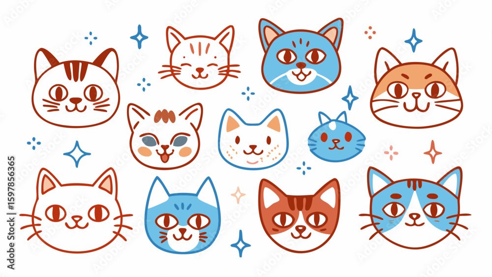 Fototapeta premium Funny Cat Animal Head Cartoon Set - Colorful Flat Illustration Style