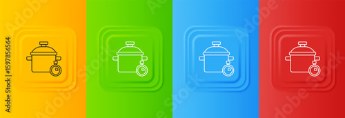White Cooking pot icon isolated on colorful background. Boil or stew food symbol. Set icons in square buttons. Vector