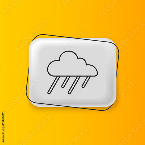 Black Cloud with rain icon isolated on yellow background. Rain cloud precipitation with rain drops. Silver rectangle button. Vector