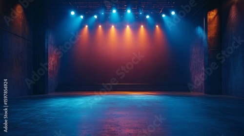 corporate event stage setup with spotlight and microphone, no people, ambitious tone, clean design elements, ultra-detailed, frontal angle