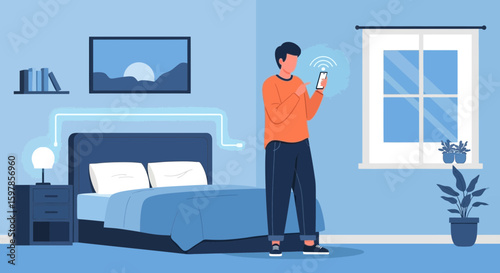 Connected Home Automation Man Controlling Smart Devices With His Smartphone