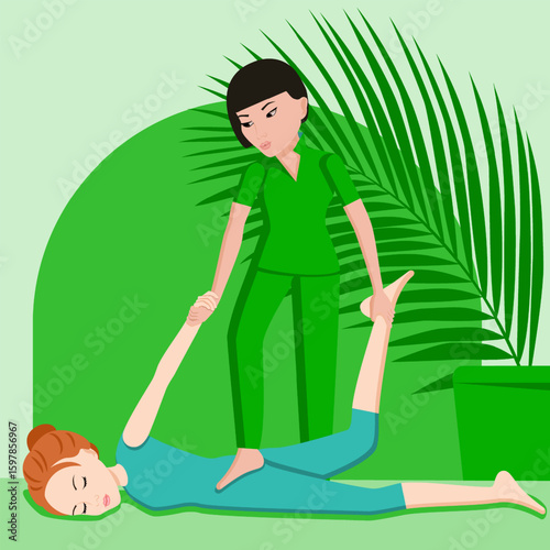 Shiatsu massage. Therapy and treatment by professional therapist in SPA. Isolated flat vector illustration. Asian and European ethnicity.