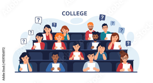 Confused Students Sitting In Lecture Hall At University Or College Cartoon