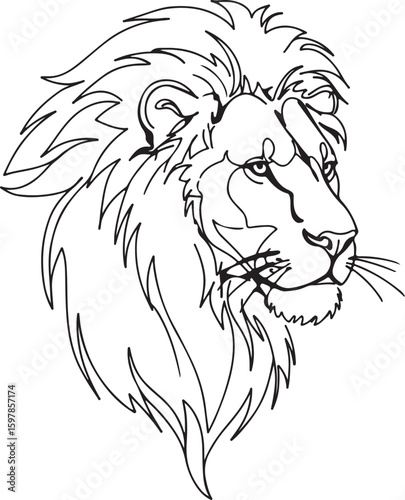 Single continuous line sketch of a lion with a flowing mane, abstract and stylish, perfect for modern home decor prints,
