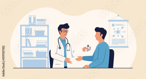 Doctor Consulting Patient, Giving Medical Prescription in Office for Healthcare Services