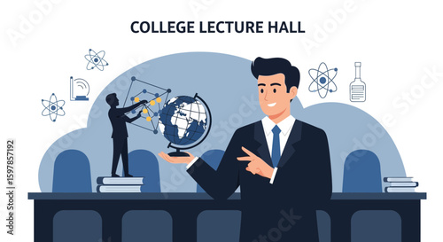 Academic Presentation Featuring World Globe In Auditorium For Education Concept