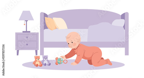 Adorable Baby Crawling And Playing With Toys In A Nursery Room