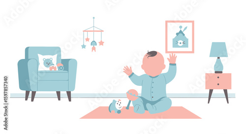 Adorable Baby Playing With Toys In Nursery Filled With Soft Colors And Decorations