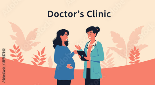 Consultation With Gynecologist During Pregnancy At Clinic With Flat Design