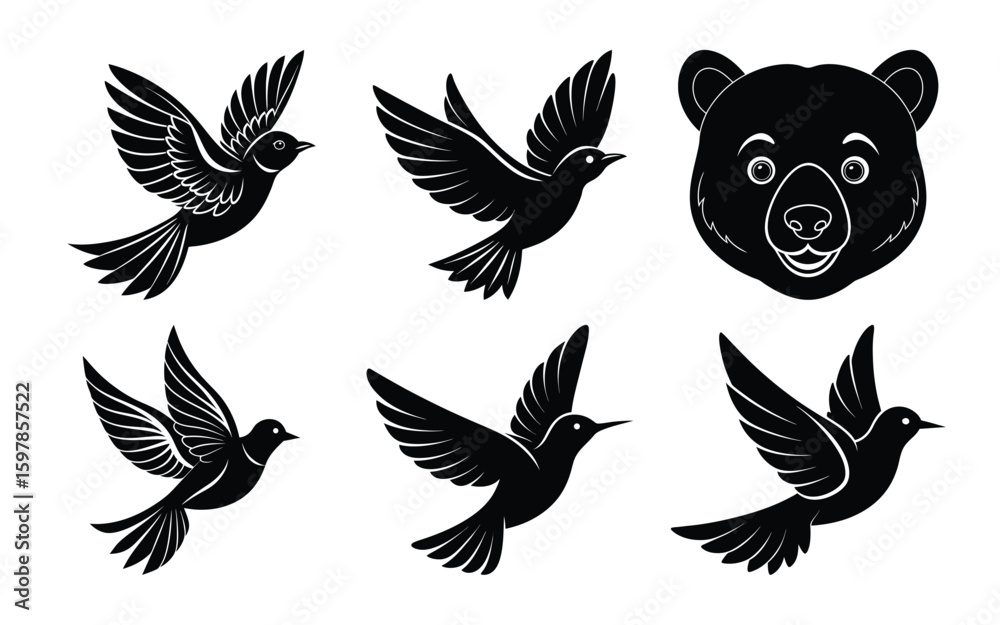 Obraz premium Vector art of flying birds and a bears head illustration