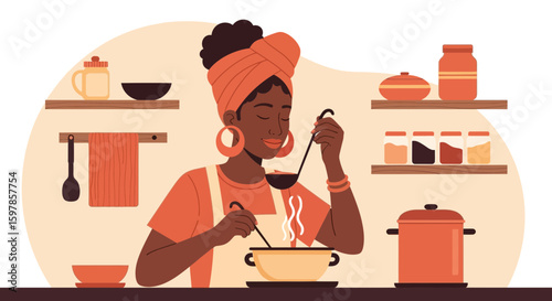 African Woman Chef Enjoying Cooking With Traditional Headscarf In Her Home Kitchen