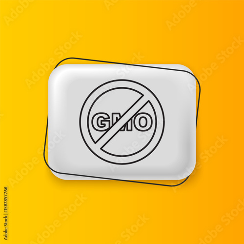 Black No GMO icon isolated on yellow background. Genetically modified organism acronym. Dna food modification. Silver rectangle button. Vector