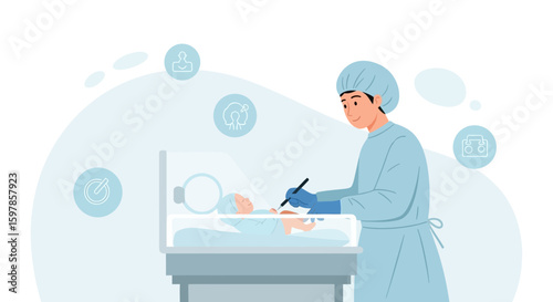 Doctor Examining Newborn Child In Incubator For Neonatal Intensive Care Unit Treatment