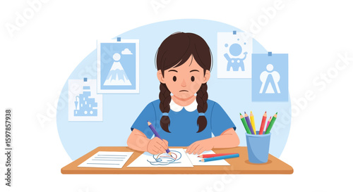 Little Girl Frustrated And Struggling To Draw On Paper At The Table