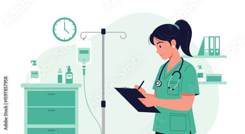 Focused Nurse Documenting Patient Data In a Clinical Setting With an IV Drip