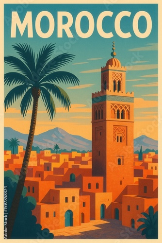 Colorful travel poster showing the skyline of Marrakech Morocco with a tall mosque tower, traditional buildings, and palm trees against a sunset mountain background