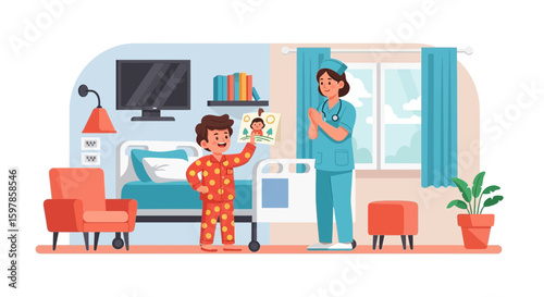 Little Patient Shows His Drawing To The Doctor In The Hospital Room