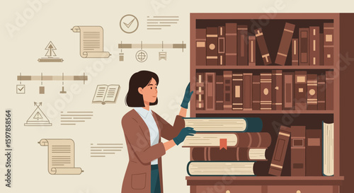 Archival Research Illustration Featuring Female Curator Examining Documents In Library