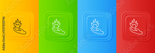 White Hand holding a fire icon isolated on colorful background. Set icons in square buttons. Vector