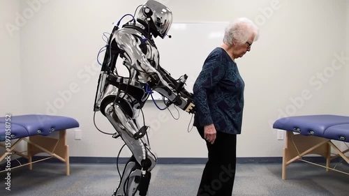 A chrome humanoid robot assists an elderly woman walking