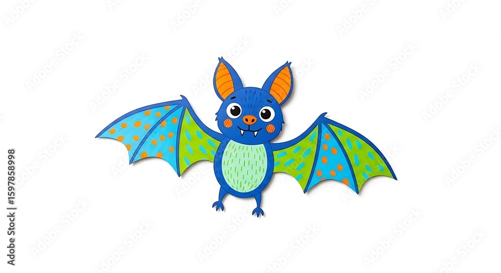 Fototapeta premium Illustration of a cartoon bat with blue body and colorful wings on a white background isolated