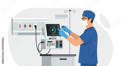 Male Doctor Preparing a Modern Medical Device in Hospital for a Patient