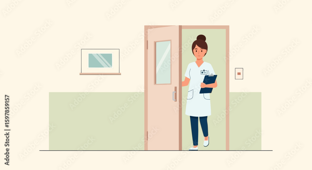 Fototapeta premium Attending Physician Entering Hospital Room With Clipboard Medical Professionalism