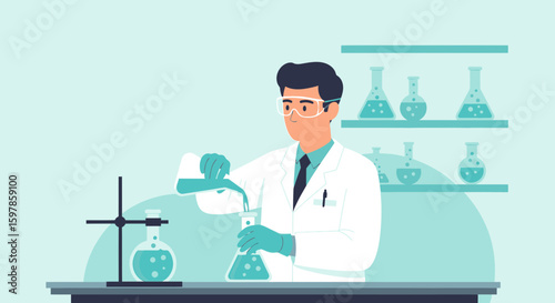 Male Scientist Conducting Experiment in Laboratory with Chemical Equipment