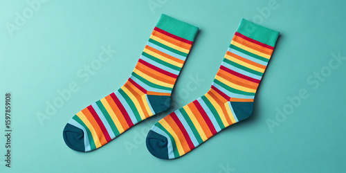 Pair of Colorful Striped Socks Mockup on Teal Background
