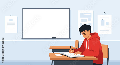 Focused Student Studying At Desk In Classroom Education Learning Concept
