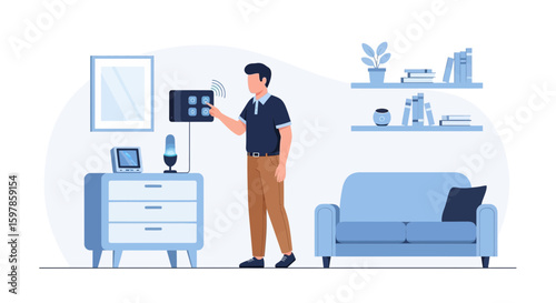 Man Activating Smart Home Device On Wall In Modern Blue Living Room Setting