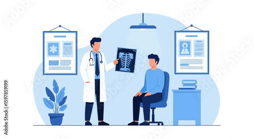 Doctor Explaining X Ray Results To Patient During Consultation In Clinic Room