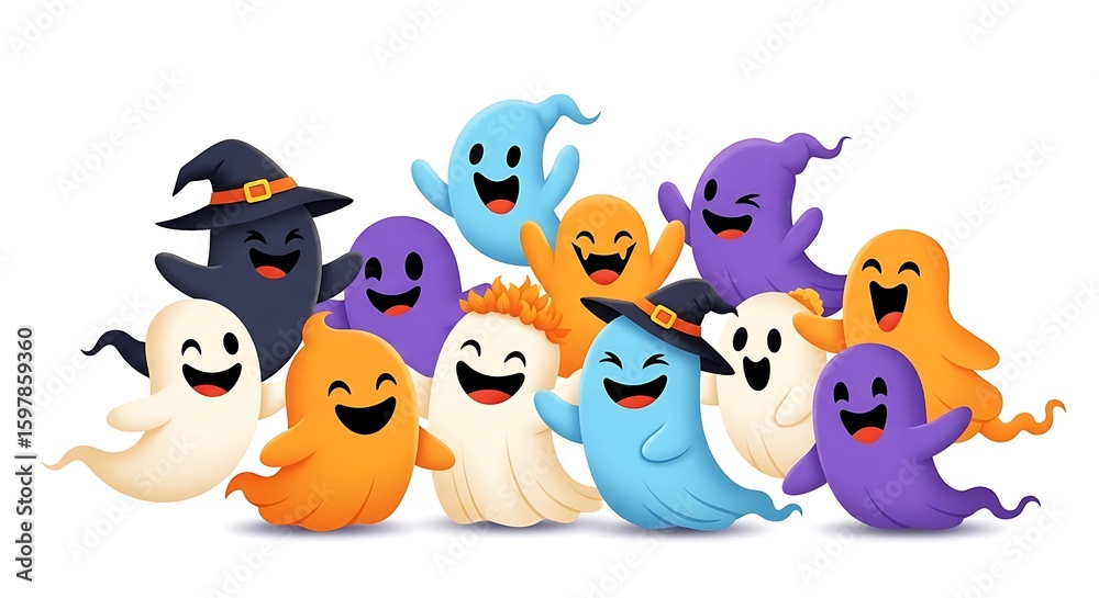 Naklejka premium A group of cartoon ghosts in various colors with happy expressions on a white isolated background
