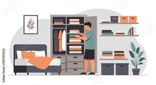 Man Arranging Clothes In Wardrobe At Home Bedroom Flat Illustration