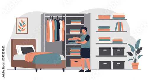 Man Arranging Clothes In Bedroom Closet Illustrative Design For Home Decor