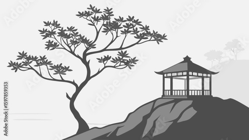 Japanese garden landscape with pagoda and tree silhouette vector illustration zen oriental style art design