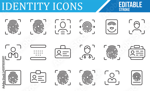 Editable Identity Icons Featuring Fingerprints, Face Scans, and ID Cards